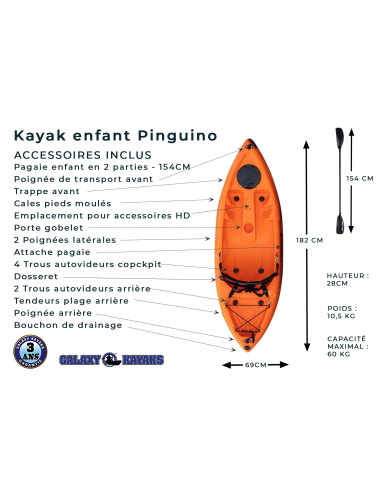 Kayak pour enfant Rigide Pinguino avec pagaie, trappe, 50 kg de charge max.